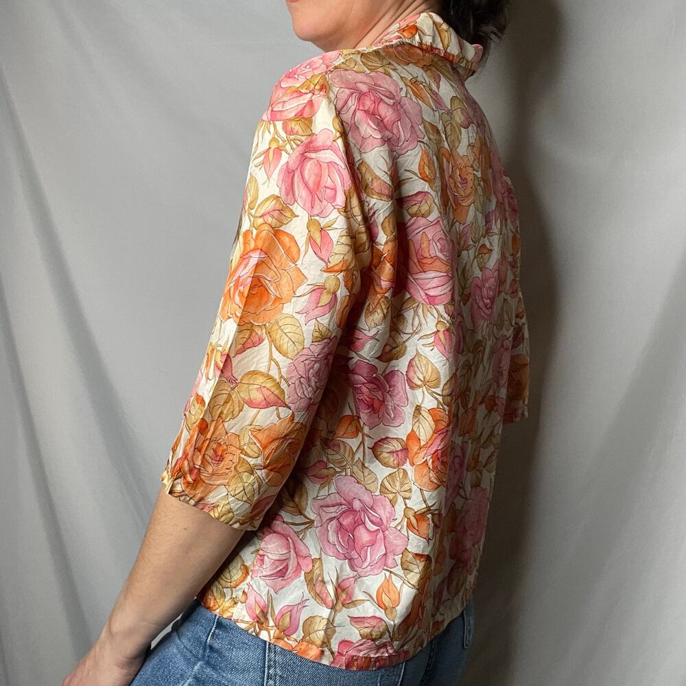 Vintage 70s pink roses print floral 1/2 sleeve‎ blouse button-down top rose L - Picture 3 of 17